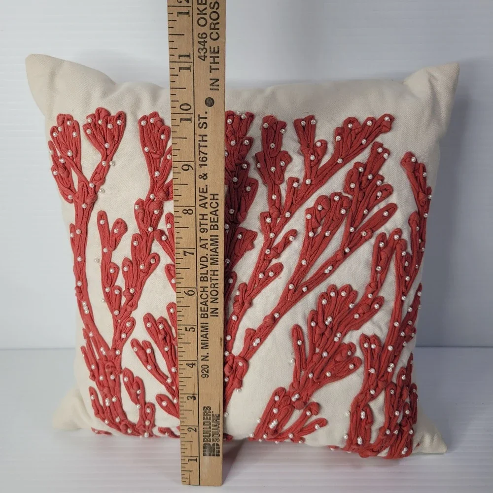 Pottery Barn Throw Pillow Coral Coastal Beaded Red White 12x12 Square Cotton